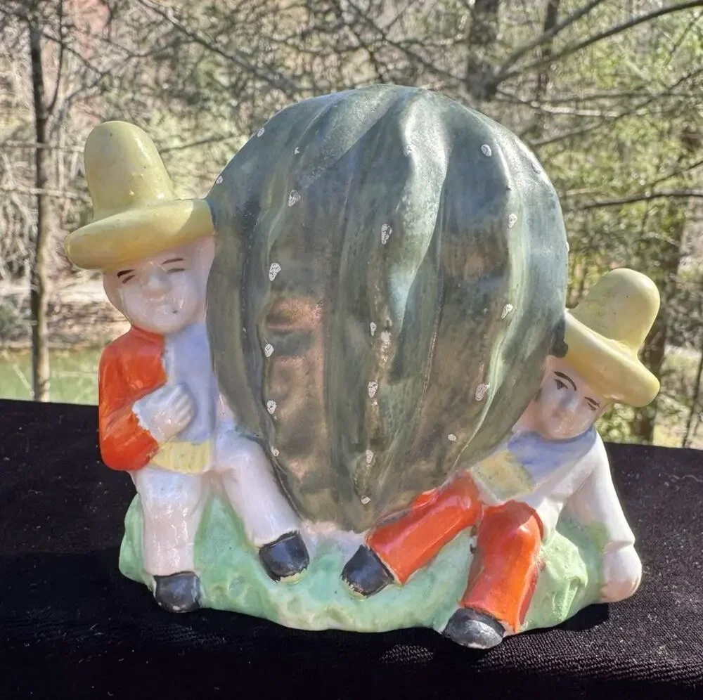Vintage Ceramic Cactus Coin Bank with Coin Slot, Two Sombrero Figures TO15